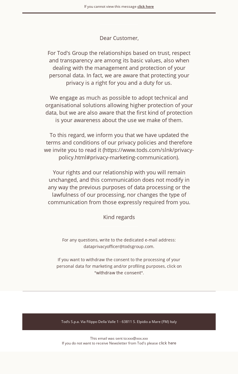 TOD'S - Update to our Privacy Policy's terms and conditions