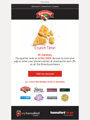 Hannaford Supermarkets - Continue to earn rewards this quarter through 6/30.