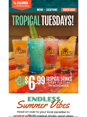 Islands Restaurants - Sip into Paradise w/$6.99 Islands Tropical Cocktails this Tuesday!