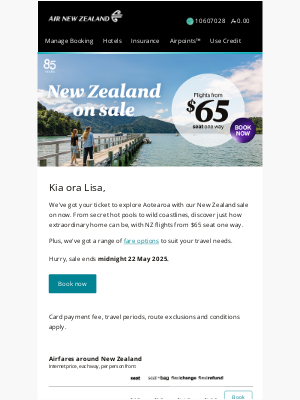 Air New Zealand - Lisa, New Zealand on sale now!