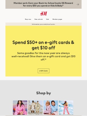 H&M - Give $50+ in e-gift cards = get $10 off