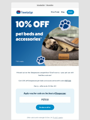 Travelodge (United Kingdom) - Didn’t win? Here’s 10% off for your pet anyway! 🐾🎁