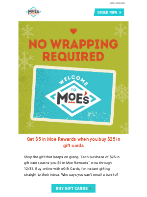 Moe’s Southwest Grill - Buy $25 in gift cards, Get $5 Moe Rewards