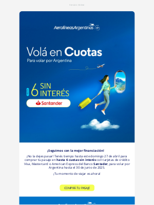 Aerolíneas Argentinas (Argentina) - Últimos días para volar con cuotas sin interés ✈️