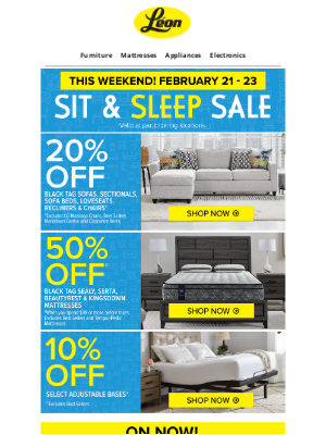 Leon's (Canada) - Sit, Sleep & SAVE 🎉 This Weekend! 20% off Black Tag Sofas, Sectionals & MORE!