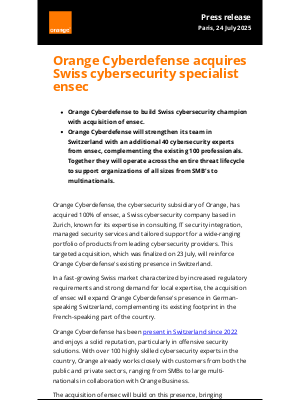 Orange - Orange Cyberdefense acquires Swiss cybersecurity specialist ensec