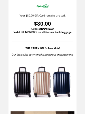 Genius Pack - Expiring in 5 days: $80.00 gift card.