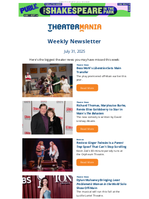 TheaterMania - Bess Wohl's Liberation Moves to Main; Richard Thomas and More in The Balusters; Bay Boy Casting; O'Hara Joins Hanks Off-Main; Rockettes at 100; Bonnie & Clyde at Bay Street