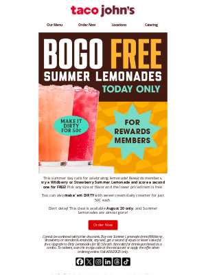 Taco John's - BOGO free Summer Lemonades, one day only!