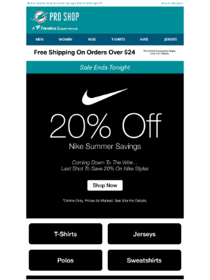 Miami Dolphins - Final Day To Save 20% On Nike + Free Shipping!