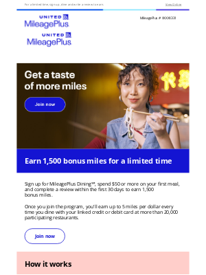 United Airlines - Get a taste of 1,500 bonus miles with MileagePlus Dining