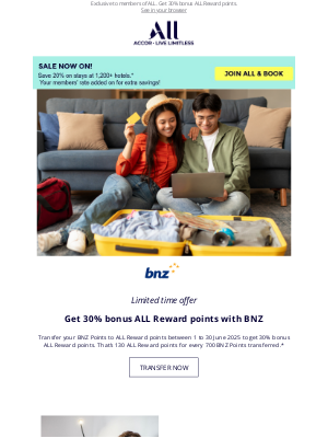 Accor Hotels - Exclusive to members of ALL. Get 30% bonus ALL Reward points.