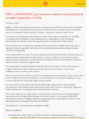 Shell - CSPC, a Shell-CNOOC joint venture, invests in petrochemical complex expansion in China