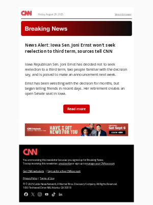 CNN - News Alert: Iowa Sen. Joni Ernst won’t seek reelection to third term, sources tell CNN