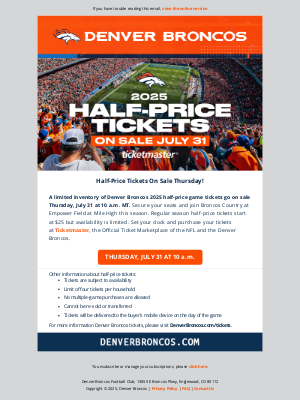 Denver Broncos - Half-price tickets on sale Thursday at 10 AM!