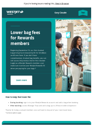 WestJet - Access lower bag fees as a Rewards member