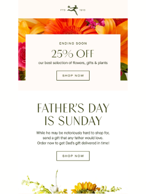 FTD Flowers - Time's Running Out to Save 25% Father's Day Gifts!