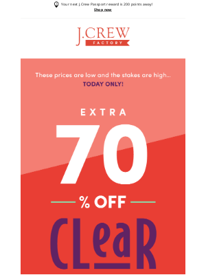 J.Crew Factory - FLASH SALE ALERT 🚨 Extra 70% off all clearance styles, TODAY ONLY!