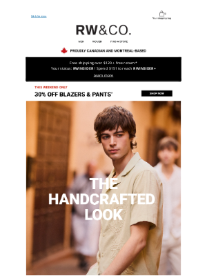 RW&CO.(Canada) - This weekend only: 30% off blazers & pants
