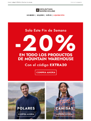 Mountain Warehouse (Spain) - ¡Apurarse! 20% de descuento adicional este fin de semana 📢