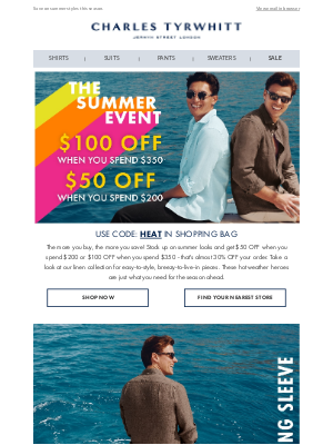 Charles Tyrwhitt - $100 OFF $350 - Your Summer Wardrobe Refresh!