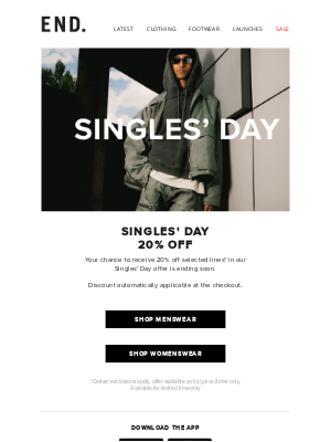 END. - Singles' Day: 20% off selected items - Ends soon