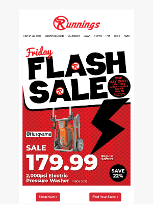 Runnings Stores - ⚡ Friday Flash Sale - Husqvarna 2,000psi Electric Pressure Washer