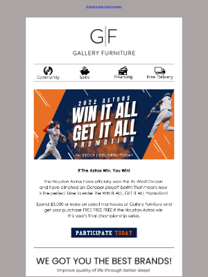 Gallery Furniture - Now is Your Best Chance to Win it All! ⚾️