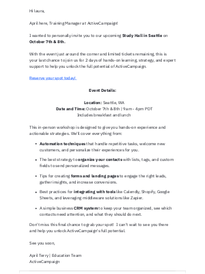 ActiveCampaign - Last call for Study Hall in Seattle!