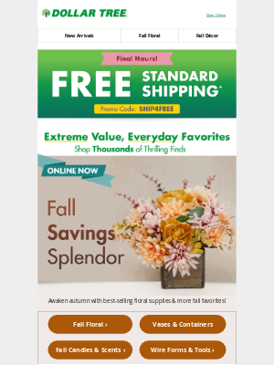 Dollar Tree - Final day to save on shipping—fall florals are waiting