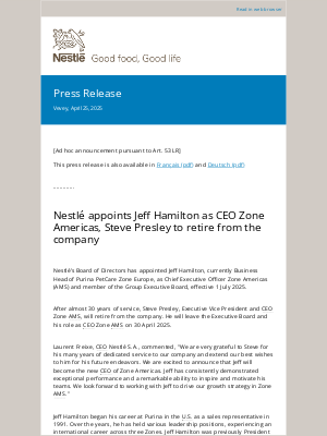 Nestle - Nestlé appoints Jeff Hamilton as CEO Zone Americas, Steve Presley to retire from the company