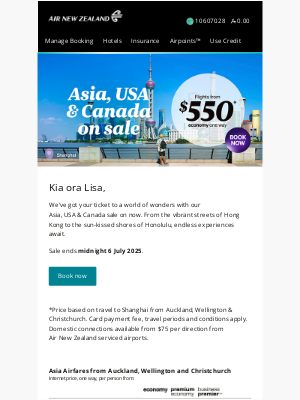Air New Zealand - Lisa, Asia, USA & Canada sale on now