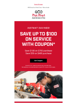 Pep Boys - Complete Your Car Service! Book Now & Save up to $100!