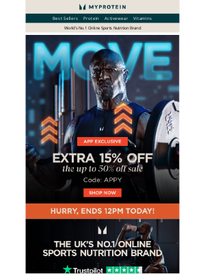 Myprotein (United Kingdom) - Ending in 4 hours: Extra 15% off the App