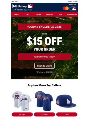 MLB - Holiday Exclusive: $15 Off Your Order