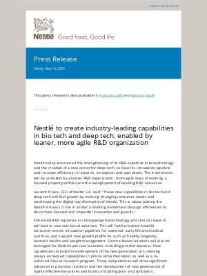 Nestle - Nestlé to create industry-leading capabilities in bio tech and deep tech, enabled by leaner, more agile R&D organization
