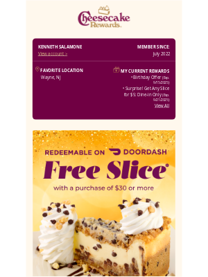 The Cheesecake Factory - Get a Free Slice delivered when you link your DoorDash account 🙌🍰