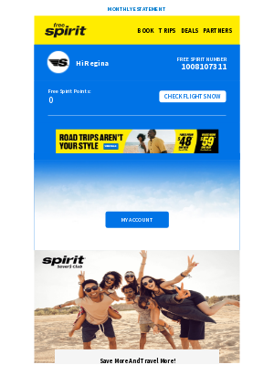 Spirit Airlines - Hey Regina! Here's your Free Spirit® eStatement for August 2025