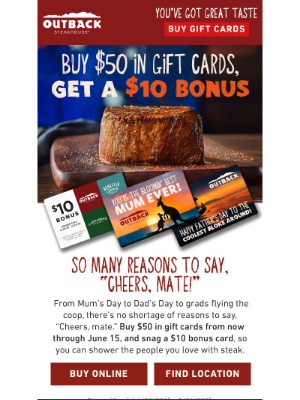 Outback Steakhouse - Don’t Miss This Deal 🧧 Buy $50 in Gift Cards and Get a $10 Bonus Card!