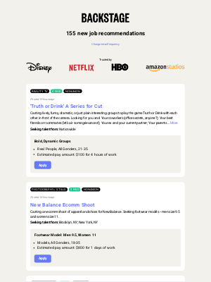 Backstage - 155 New Roles Available for Job Recommendations - May 2