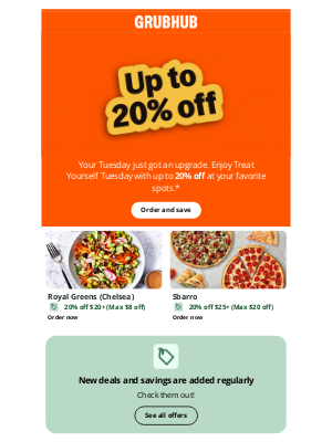 GrubHub - 20% off at Royal Greens (Chelsea) and more!