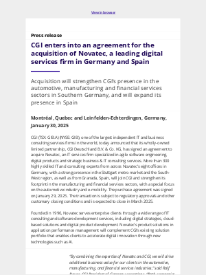 CGI - CGI enters into an agreement for the acquisition of Novatec, a leading digital services firm in Germany and Spain