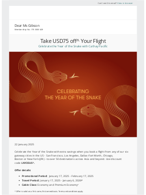 Cathay Pacific Airways - Celebrate the Year of the Snake with extra savings! Take USD75 off your next flight!