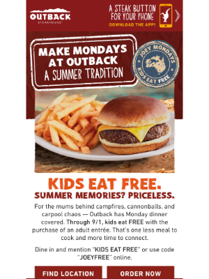 Outback Steakhouse - Ease Into Summer: Kids Eat FREE on Mondays! ☀️