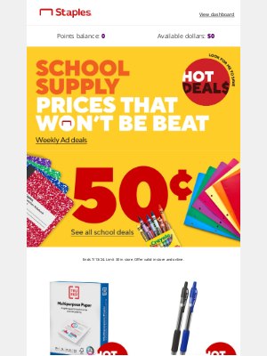 Staples - 📢 50¢ school deals — HAPPENING NOW!