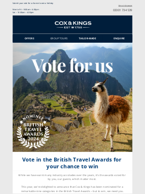 Cox & Kings(United Kingdom) - Vote for Cox & Kings in the British Travel Awards