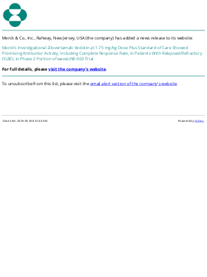 Merck & Co - Merck’s Investigational Zilovertamab Vedotin at 1.75 mg/kg Dose Plus Standard of Care Showed Promising Antitumor Activity, Including Complete Response Rate, in Patients With Relapsed/Refractory DLBCL in Phase 2 Portion of waveLINE-003 Trial