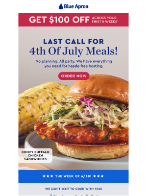 Blue Apron - Last chance: July 4th meals + $100 OFF