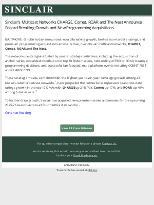 Sinclair Broadcast Group - Sinclair's Multicast Networks CHARGE, Comet, ROAR and The Nest Announce Record Breaking Growth and New Programming Acquisitions