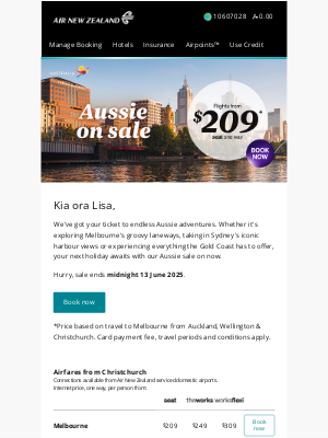 Air New Zealand - Lisa, don't miss out on our Aussie sale
